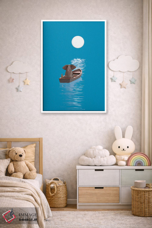 تابلو دکوراتیو فیل و سگ در قایقی در دریای آبی سفر می کنند اثر مایک کیف - D4W