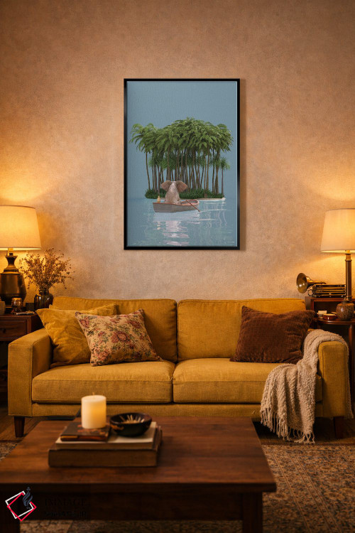 تابلو دکوراتیو فیل و سگ با قایق به جزیره می روند اثر مایک کیف - D3B