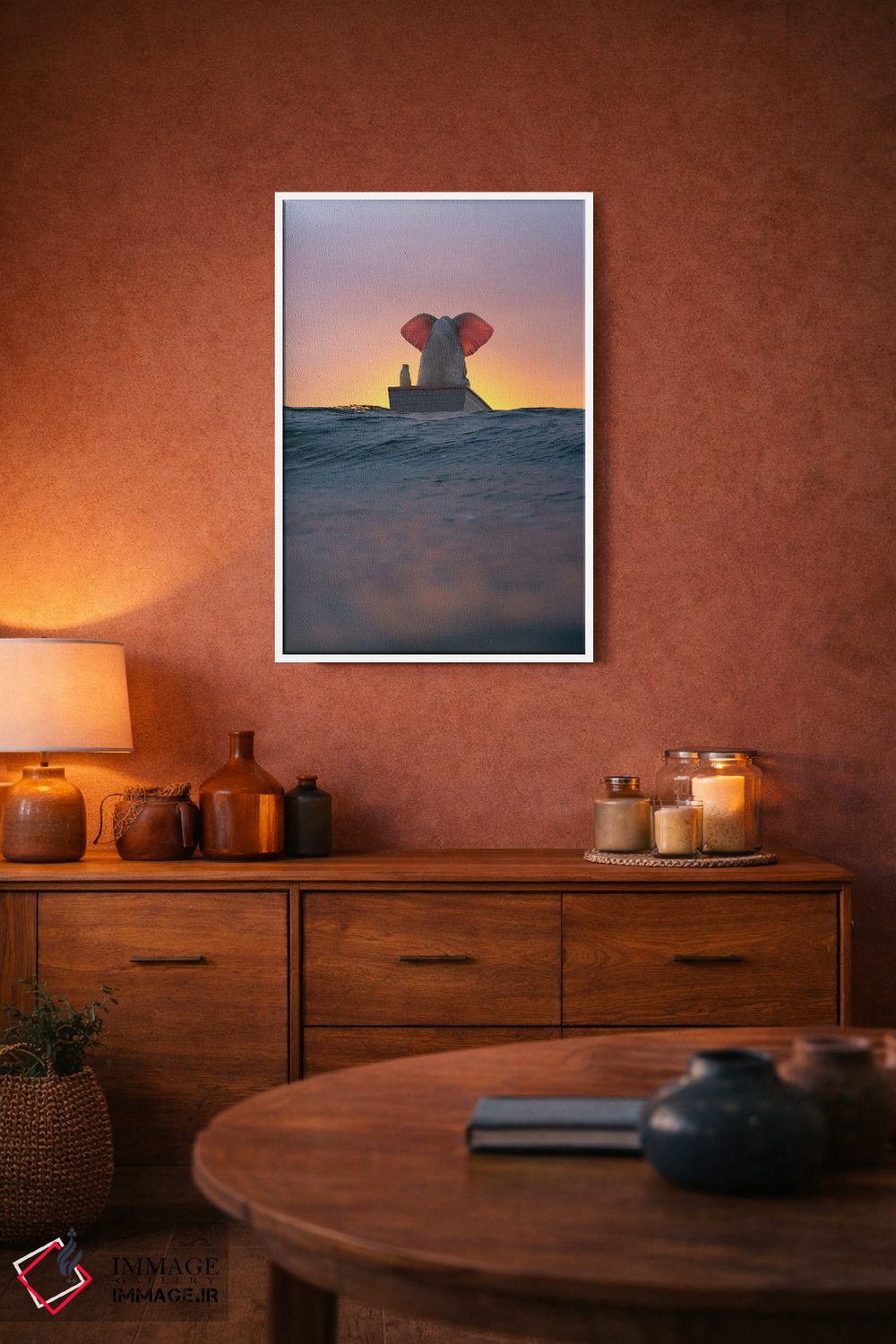 تابلو دکوراتیو فیل و سگ با قایق روی موج های دریا اثر مایک کیف - D3W