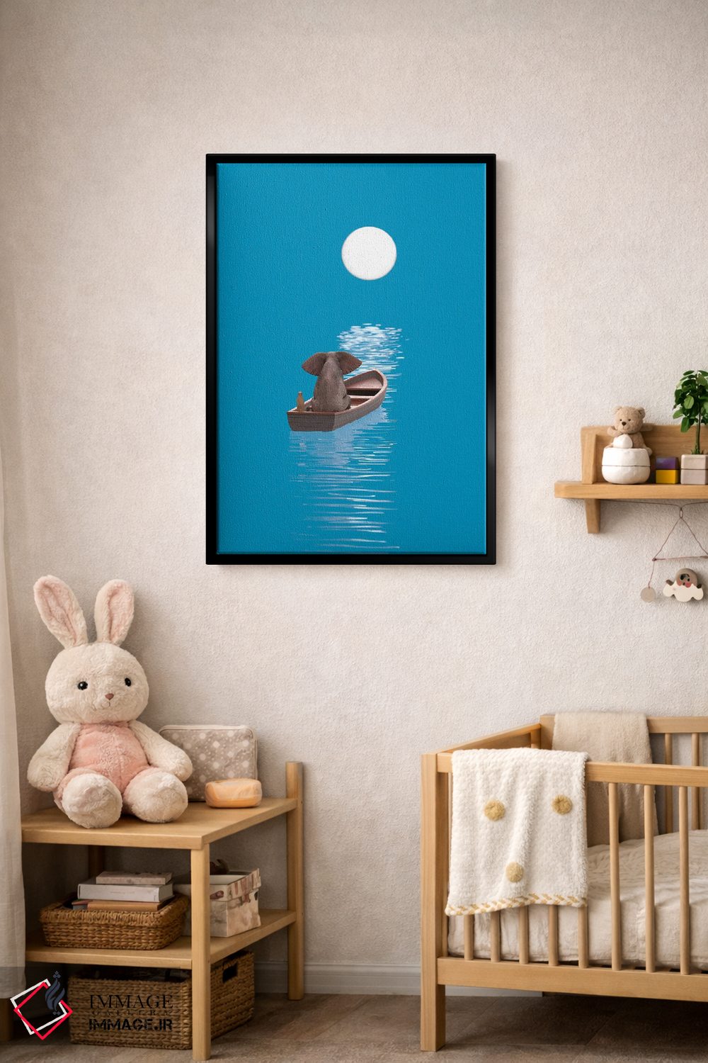 تابلو دکوراتیو فیل و سگ در قایقی در دریای آبی سفر می کنند اثر مایک کیف - D5B