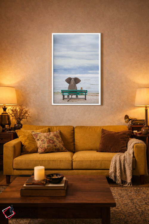 تابلو دکوراتیو فیل و سگ روی نیمکت کنار دریا نشسته اند ۲ اثر مایک کیف - D1W