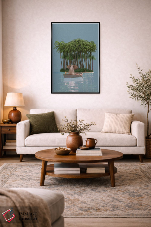 تابلو دکوراتیو فیل و سگ با قایق به جزیره می روند اثر مایک کیف - D4B