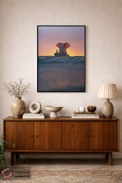 تابلو دکوراتیو فیل و سگ با قایق روی موج های دریا اثر مایک کیف - D2B