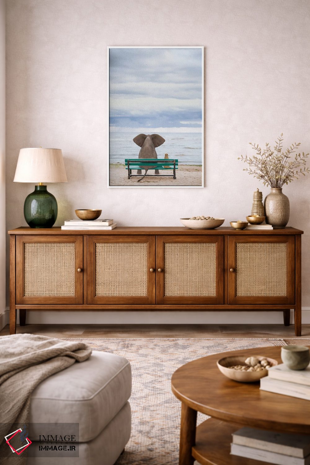 تابلو دکوراتیو فیل و سگ روی نیمکت کنار دریا نشسته اند ۲ اثر مایک کیف - D2W
