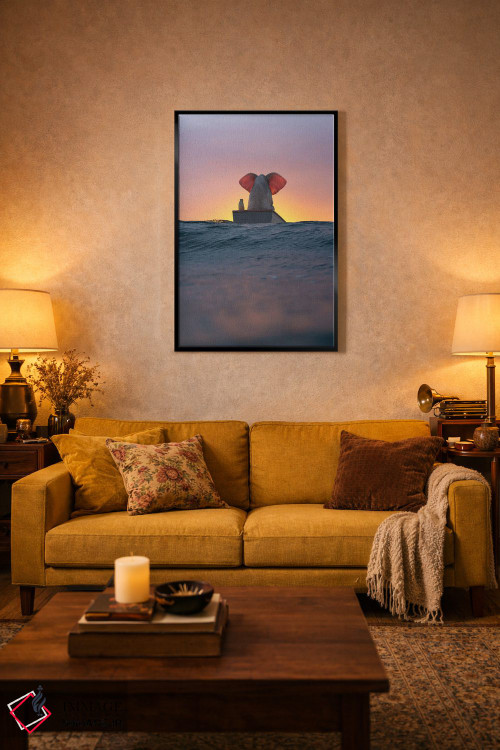تابلو دکوراتیو فیل و سگ با قایق روی موج های دریا اثر مایک کیف - D4B