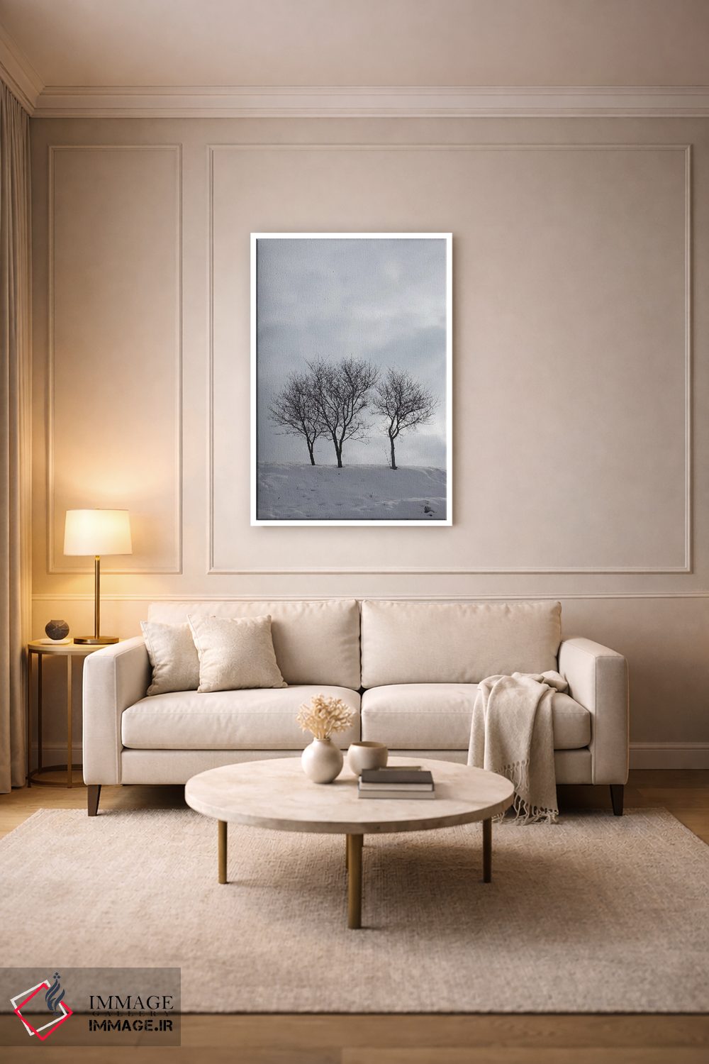 تابلو دکوراتیو سه درخت بدون برگ روی تپه ای برفی اثر مایک کیف - D3W