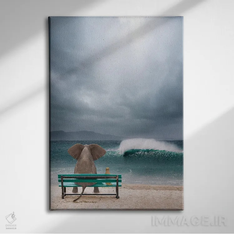 تابلو دکوراتیو فیل و سگ کنار دریا در طوفان نشسته اند اثر مایک کیف - نمای روبهرو روی دیوار