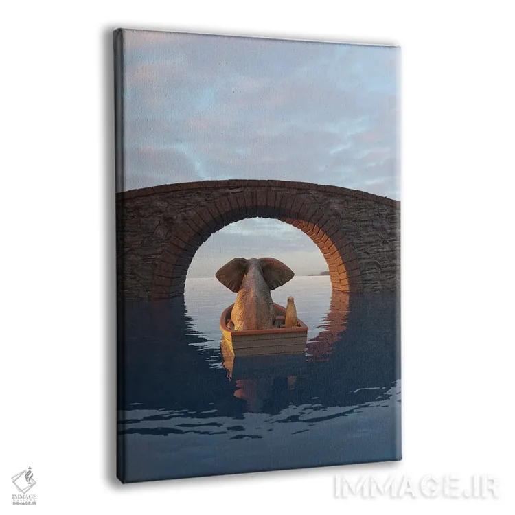 تابلو دکوراتیو فیل و سگ در قایقی زیر پل شناورند اثر مایک کیف - نمای پرسپکتیو محصول
