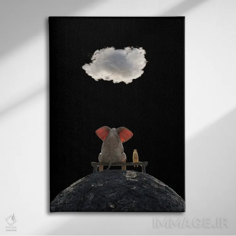 تابلو دکوراتیو فیل و سگ روی کوه نشسته و به ابر نگاه می کنند اثر مایک کیف - نمای روبهرو روی دیوار