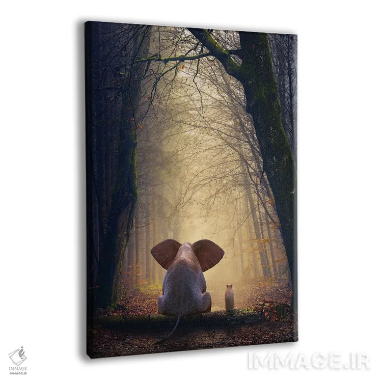 تابلو دکوراتیو فیل و سگ در جنگل پاییزی نشسته اند اثر مایک کیف - نمای پرسپکتیو محصول