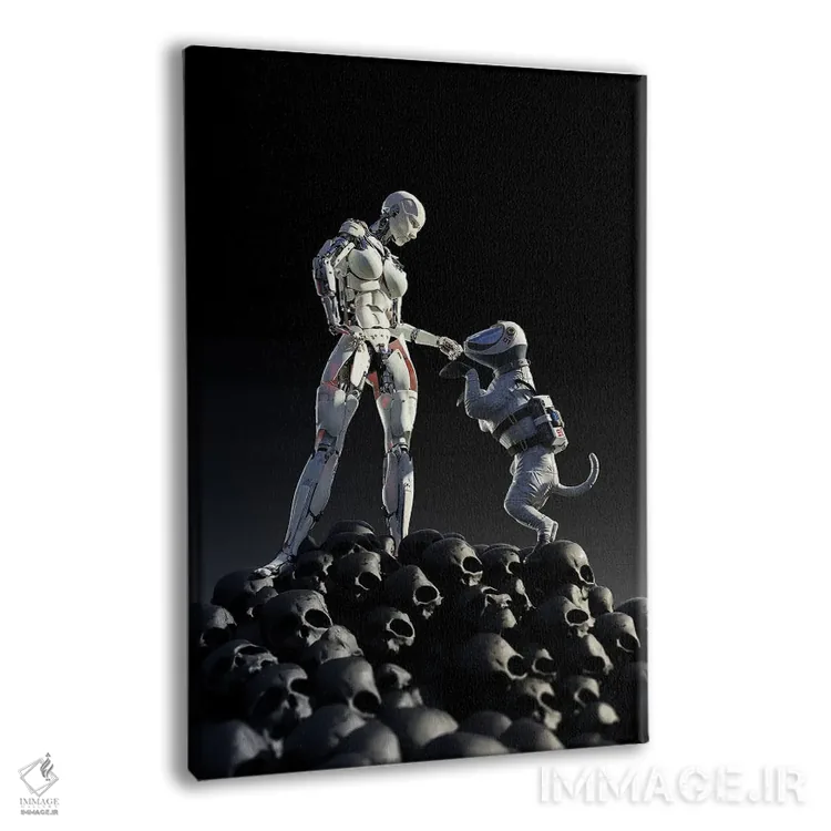 تابلو دکوراتیو ربات و سگ روی تلی از جمجمه ها ایستاده اند اثر مایک کیف - نمای پرسپکتیو محصول