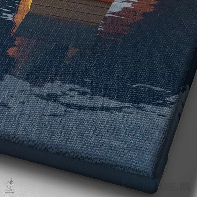 تابلو دکوراتیو فیل و سگ در قایقی زیر پل شناورند اثر مایک کیف - نمای نزدیک بافت بوم