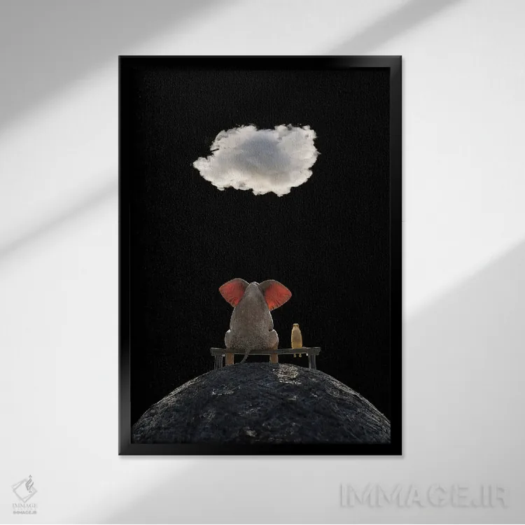 تابلو دکوراتیو فیل و سگ روی کوه نشسته و به ابر نگاه می کنند اثر مایک کیف - نمای قابدار مشکی