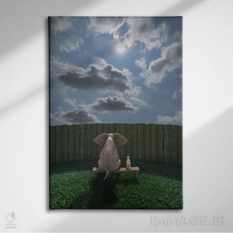 تابلو دکوراتیو فیل و سگ کنار حصار نشسته و به آسمان نگاه می کنند اثر مایک کیف - نمای روبهرو روی دیوار