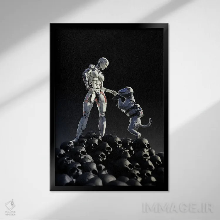 تابلو دکوراتیو ربات و سگ روی تلی از جمجمه ها ایستاده اند اثر مایک کیف - نمای قابدار مشکی