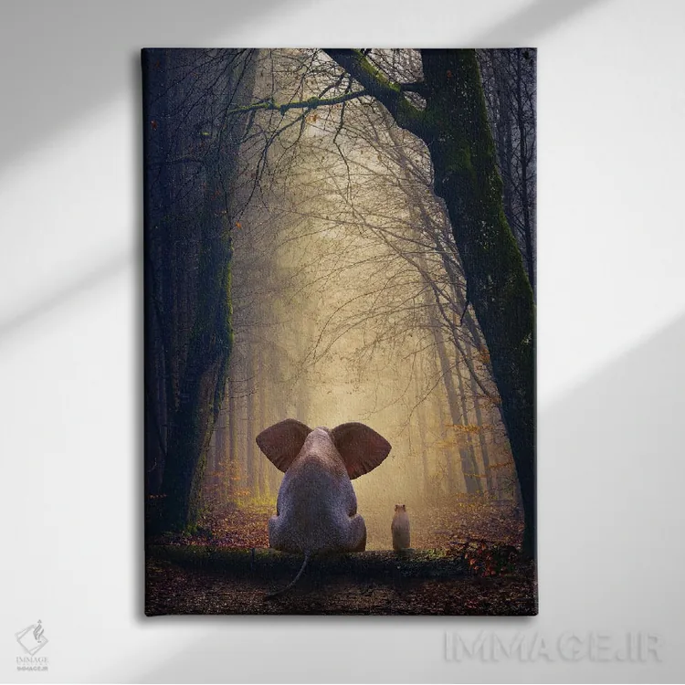 تابلو دکوراتیو فیل و سگ در جنگل پاییزی نشسته اند اثر مایک کیف - نمای روبهرو روی دیوار