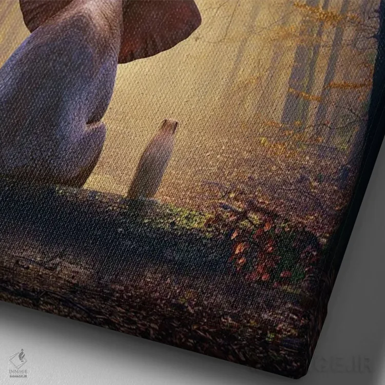 تابلو دکوراتیو فیل و سگ در جنگل پاییزی نشسته اند اثر مایک کیف - نمای نزدیک بافت بوم