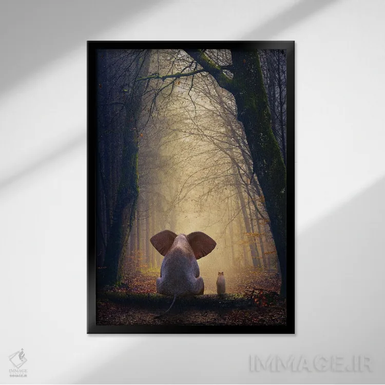 تابلو دکوراتیو فیل و سگ در جنگل پاییزی نشسته اند اثر مایک کیف - نمای قابدار مشکی
