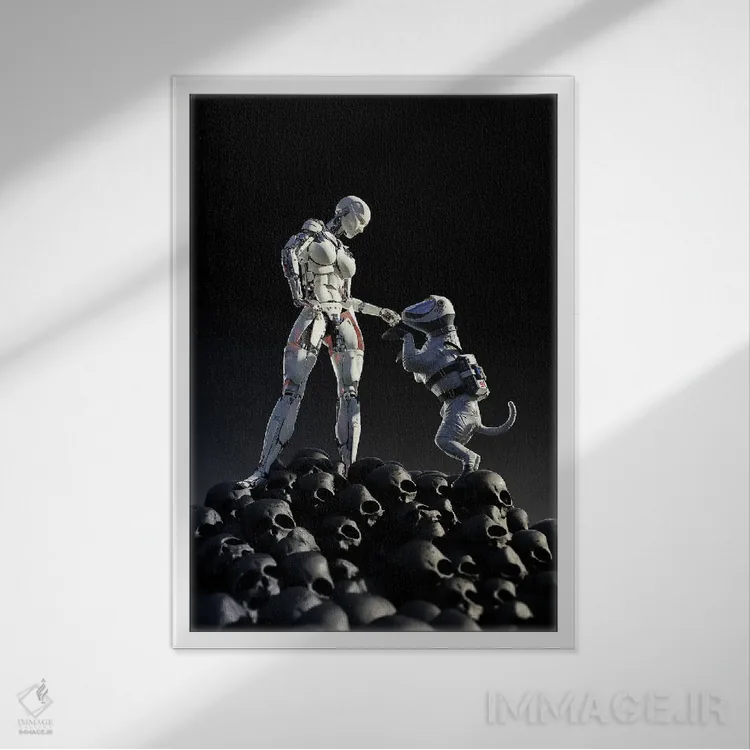 تابلو دکوراتیو ربات و سگ روی تلی از جمجمه ها ایستاده اند اثر مایک کیف - نمای قابدار سفید