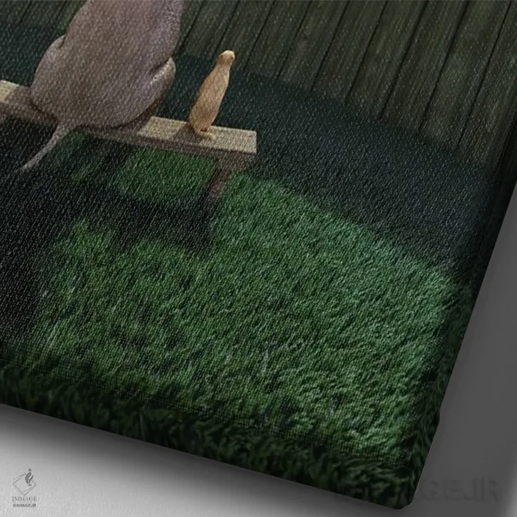 تابلو دکوراتیو فیل و سگ کنار حصار نشسته و به آسمان نگاه می کنند اثر مایک کیف - نمای نزدیک بافت بوم