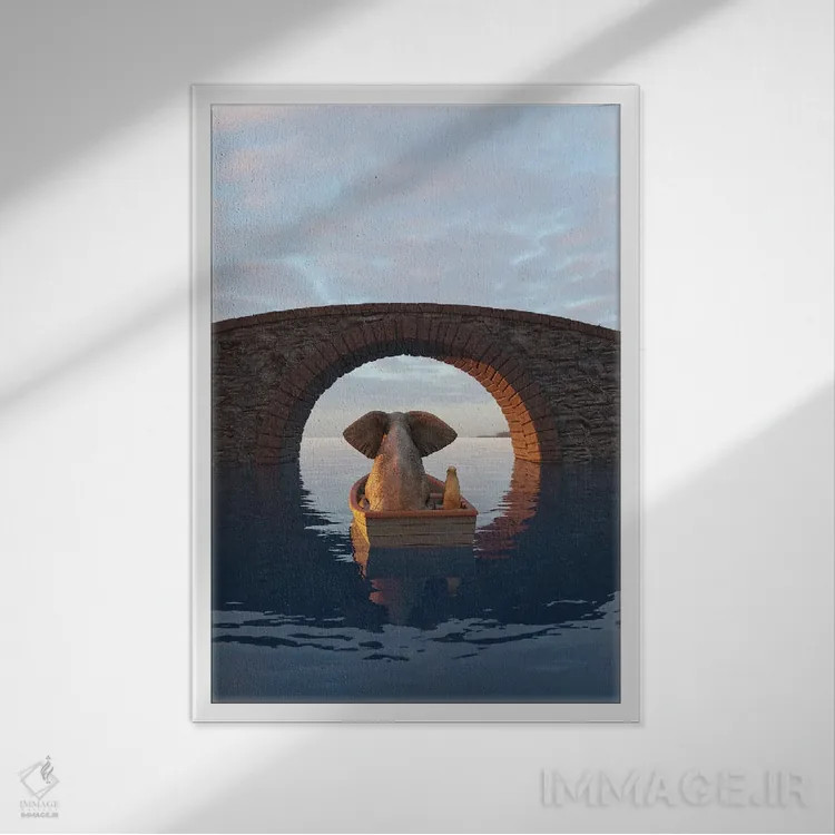 تابلو دکوراتیو فیل و سگ در قایقی زیر پل شناورند اثر مایک کیف - نمای قابدار سفید