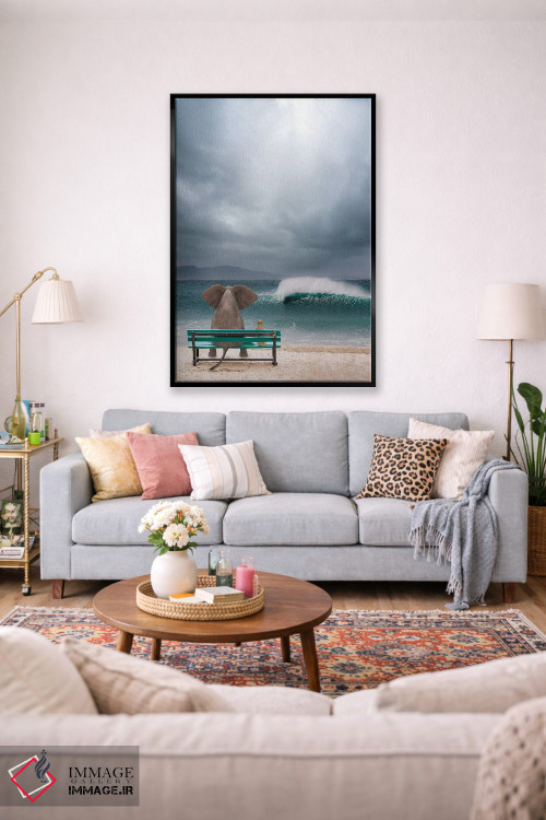 تابلو دکوراتیو فیل و سگ کنار دریا در طوفان نشسته اند اثر مایک کیف - D2B