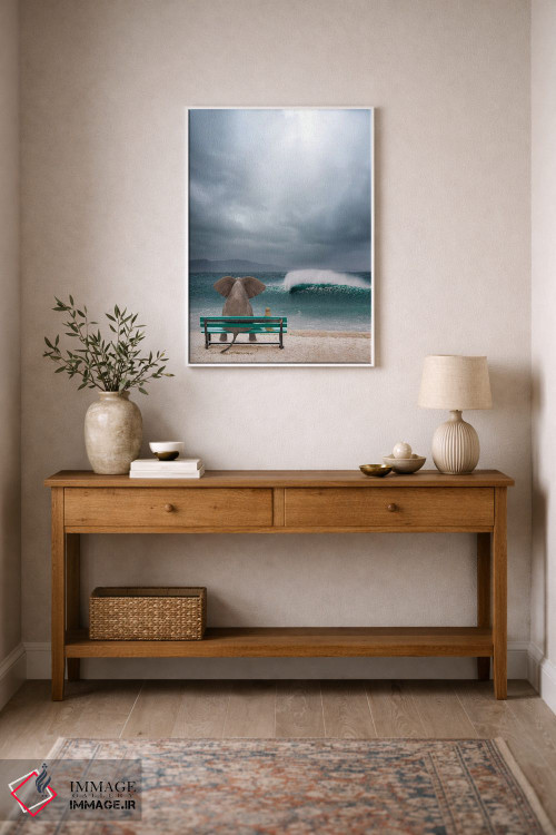 تابلو دکوراتیو فیل و سگ کنار دریا در طوفان نشسته اند اثر مایک کیف - D1W