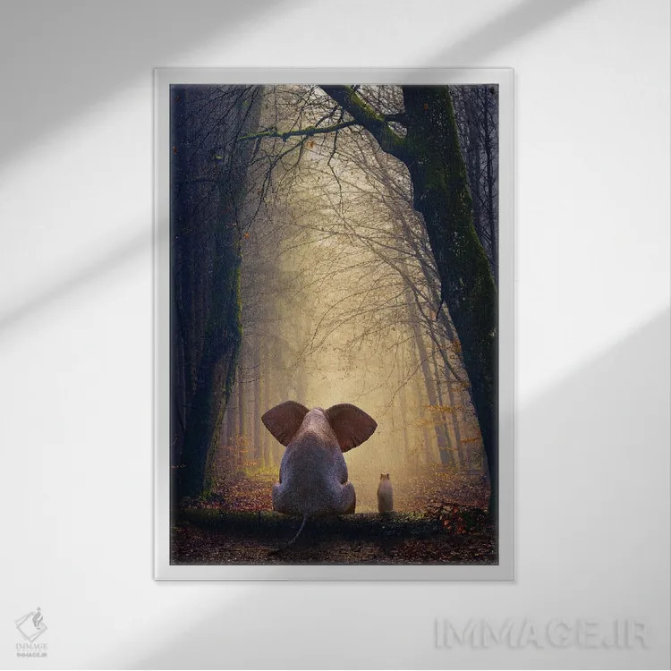 تابلو دکوراتیو فیل و سگ در جنگل پاییزی نشسته اند اثر مایک کیف - نمای قابدار سفید