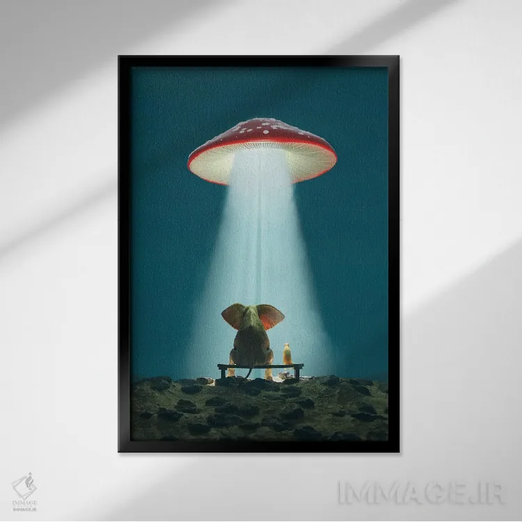 تابلو دکوراتیو فیل و سگ به قارچ پرنده نگاه می کنند اثر مایک کیف - نمای قابدار مشکی