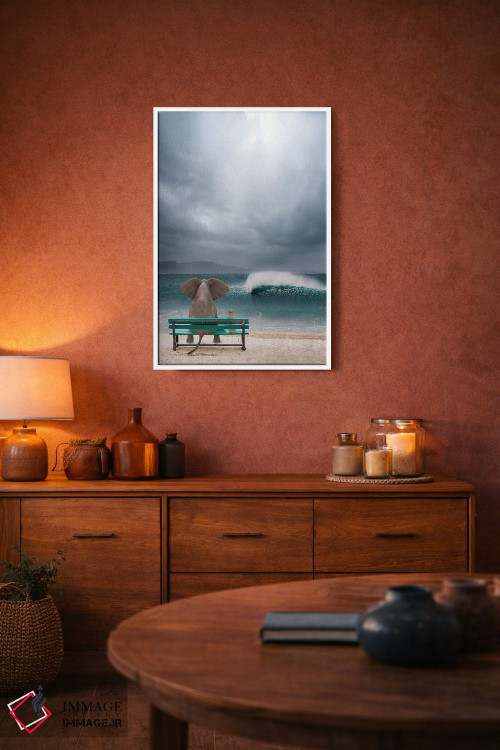 تابلو دکوراتیو فیل و سگ کنار دریا در طوفان نشسته اند اثر مایک کیف - D3W