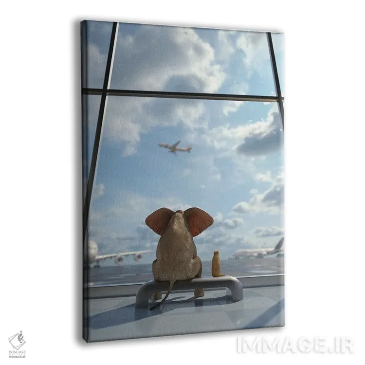 تابلو دکوراتیو فیل و سگ کنار پنجره در فرودگاه نشسته اند اثر مایک کیف - نمای پرسپکتیو محصول