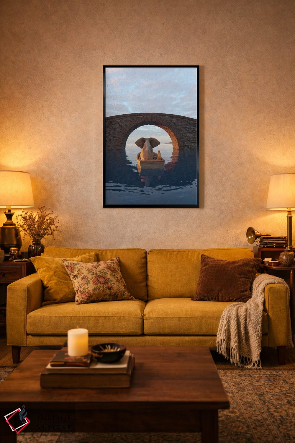 تابلو دکوراتیو فیل و سگ در قایقی زیر پل شناورند اثر مایک کیف - D4B