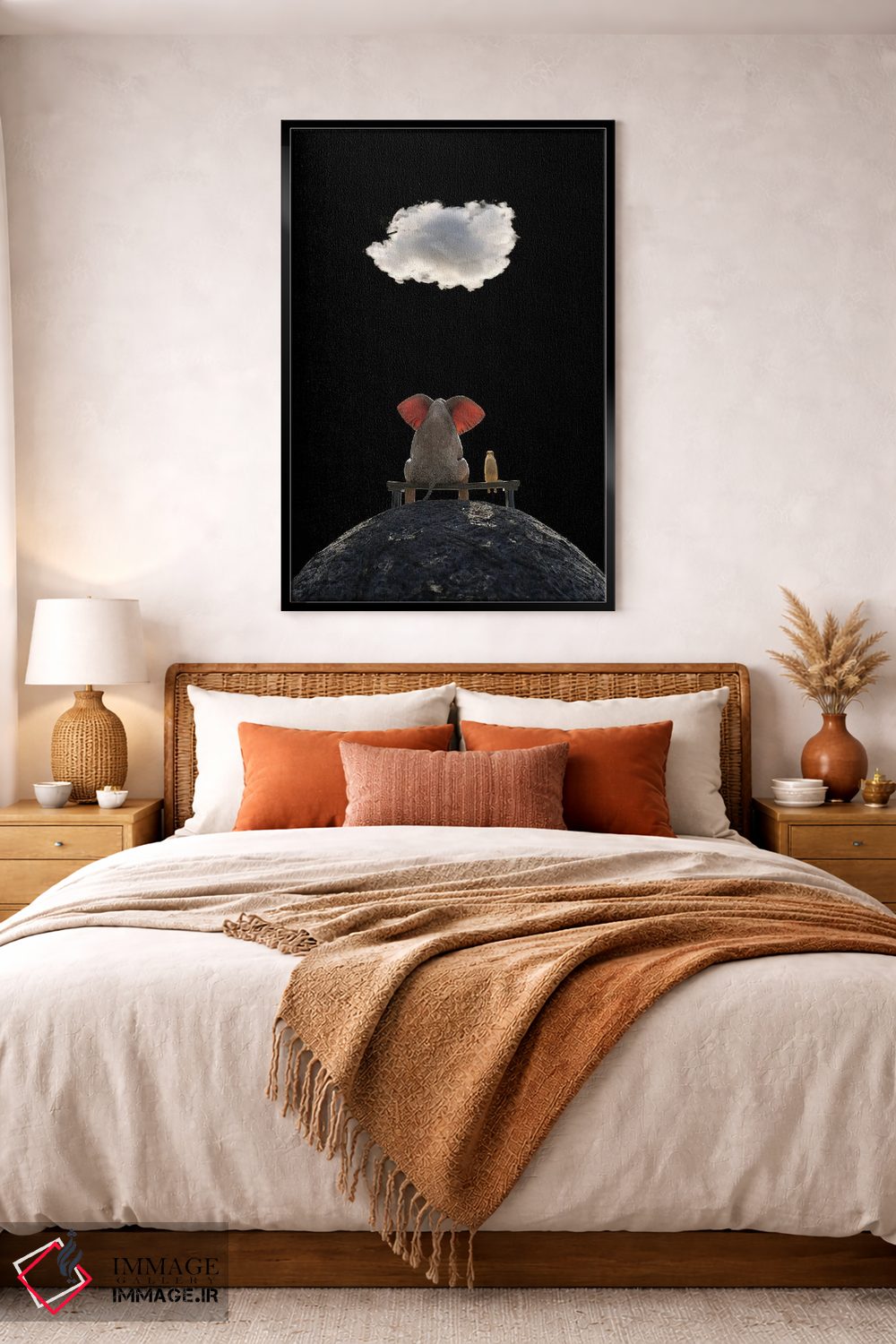 تابلو دکوراتیو فیل و سگ روی کوه نشسته و به ابر نگاه می کنند اثر مایک کیف - D3B