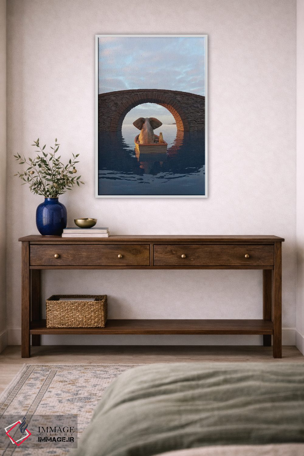 تابلو دکوراتیو فیل و سگ در قایقی زیر پل شناورند اثر مایک کیف - D3W