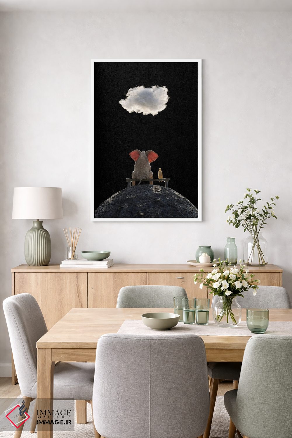 تابلو دکوراتیو فیل و سگ روی کوه نشسته و به ابر نگاه می کنند اثر مایک کیف - D5W