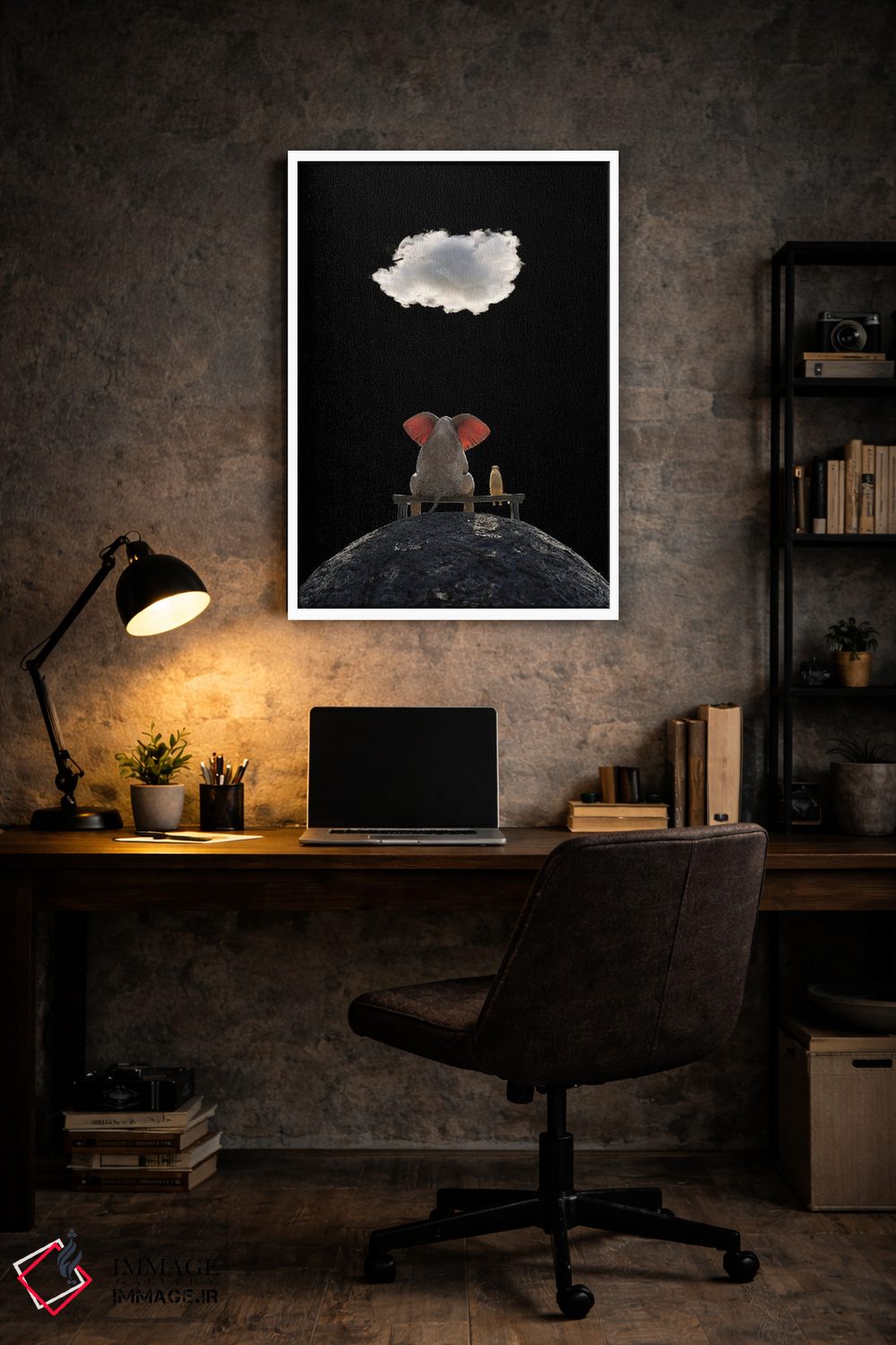 تابلو دکوراتیو فیل و سگ روی کوه نشسته و به ابر نگاه می کنند اثر مایک کیف - D6W