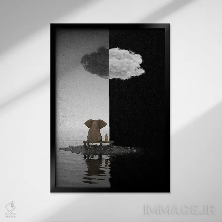 تابلو دکوراتیو فیل و سگ روی جزیره نشسته اند اثر مایک کیف - نمای قابدار مشکی