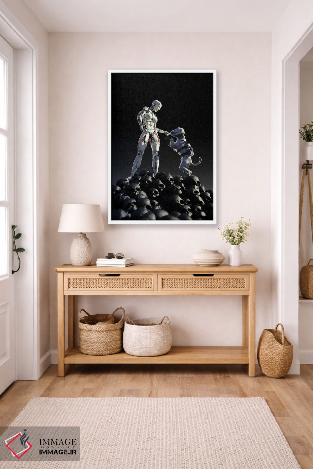 تابلو دکوراتیو ربات و سگ روی تلی از جمجمه ها ایستاده اند اثر مایک کیف - D6W