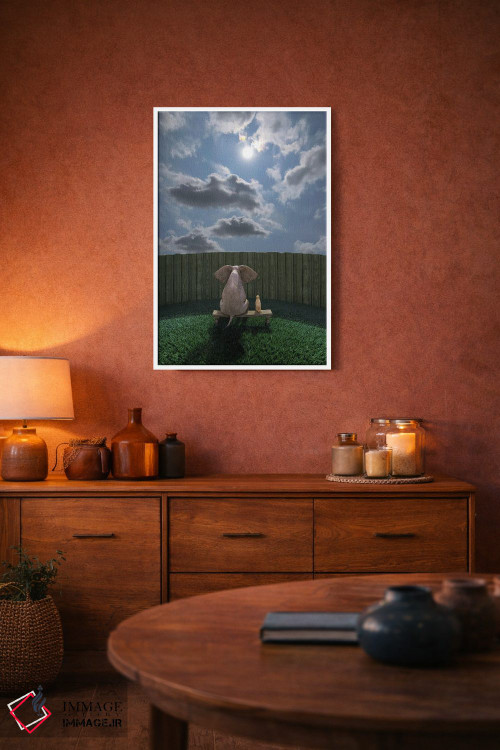 تابلو دکوراتیو فیل و سگ کنار حصار نشسته و به آسمان نگاه می کنند اثر مایک کیف - D4W