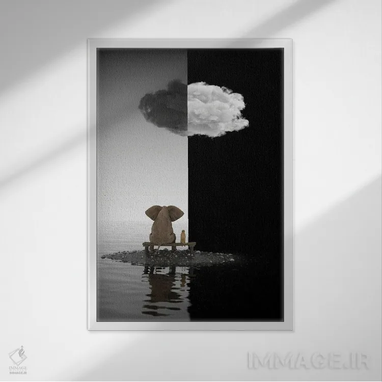 تابلو دکوراتیو فیل و سگ روی جزیره نشسته اند اثر مایک کیف - نمای قابدار سفید