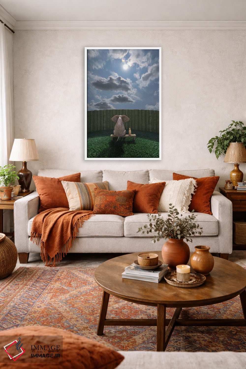 تابلو دکوراتیو فیل و سگ کنار حصار نشسته و به آسمان نگاه می کنند اثر مایک کیف - D3W