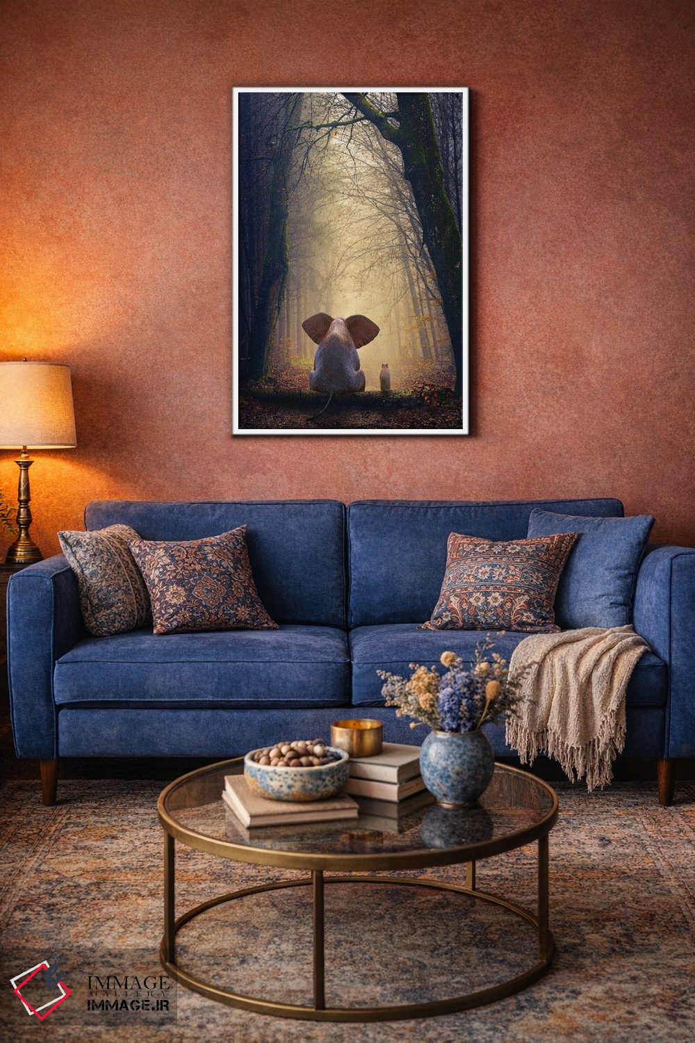 تابلو دکوراتیو فیل و سگ در جنگل پاییزی نشسته اند اثر مایک کیف - D3W