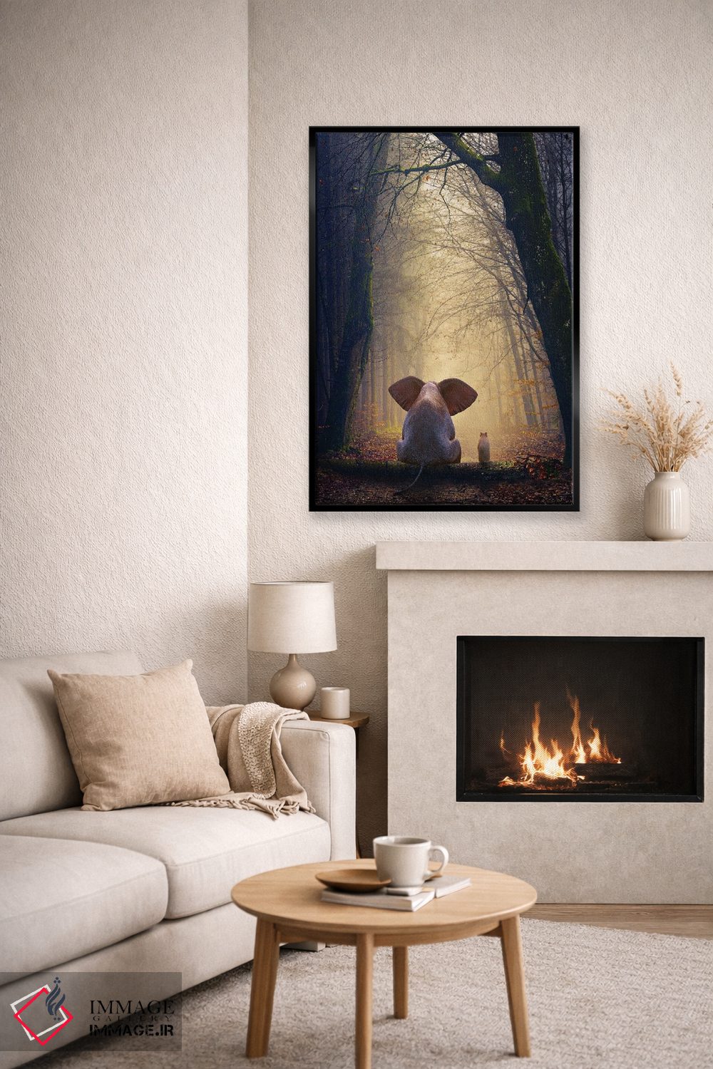 تابلو دکوراتیو فیل و سگ در جنگل پاییزی نشسته اند اثر مایک کیف - D6B