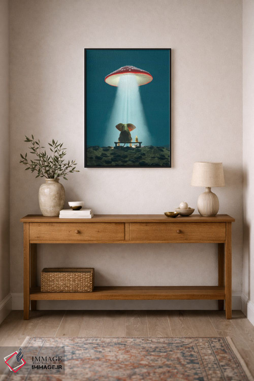 تابلو دکوراتیو فیل و سگ به قارچ پرنده نگاه می کنند اثر مایک کیف - D2B