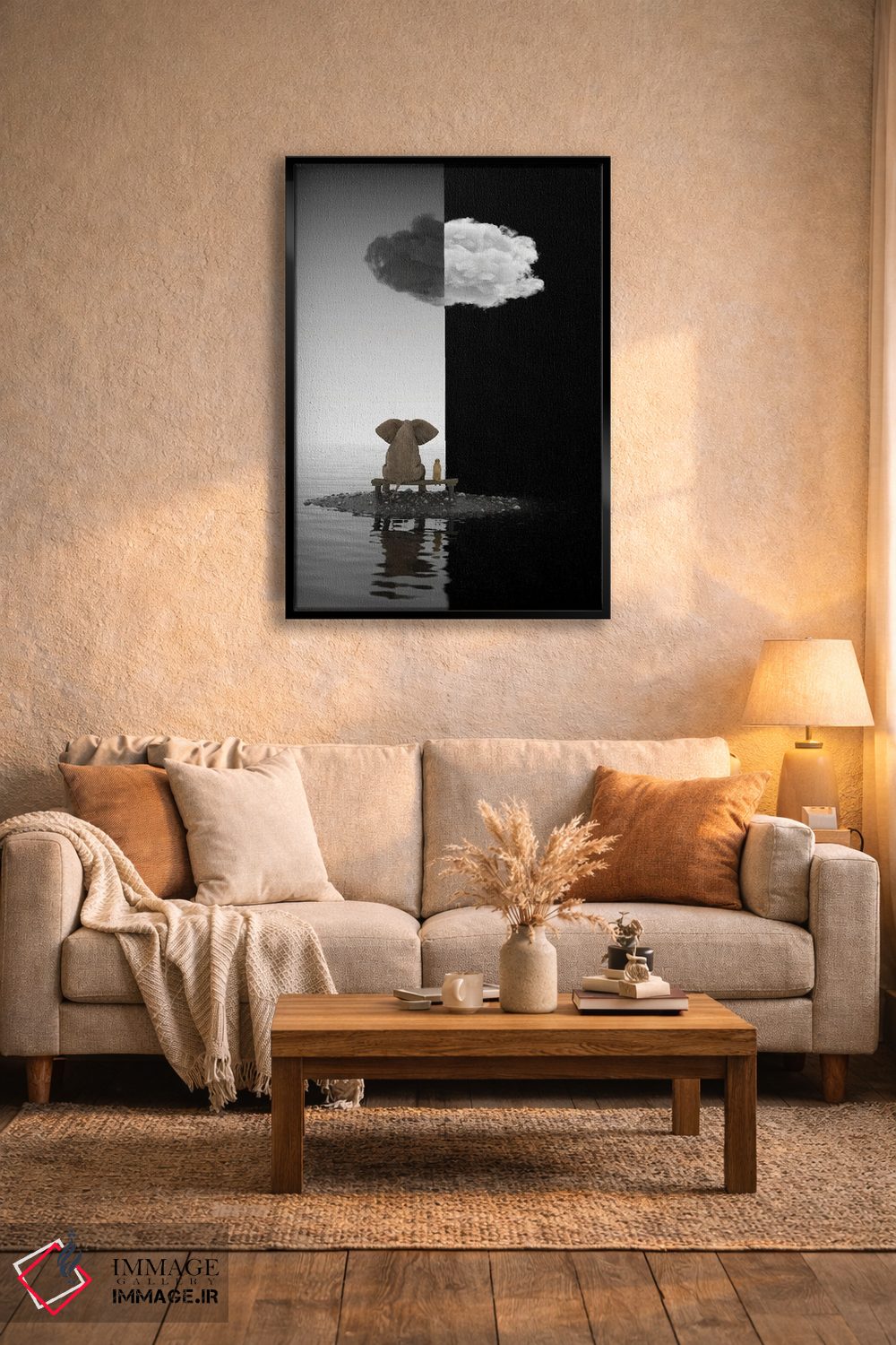 تابلو دکوراتیو فیل و سگ روی جزیره نشسته اند اثر مایک کیف - D3B