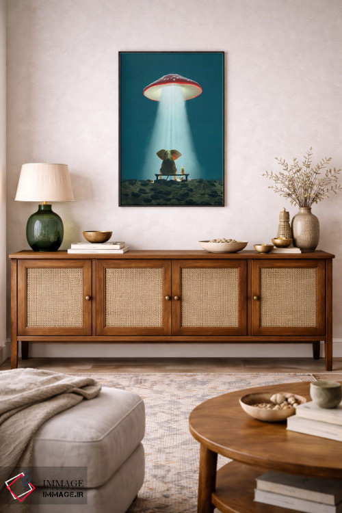 تابلو دکوراتیو فیل و سگ به قارچ پرنده نگاه می کنند اثر مایک کیف - D5B