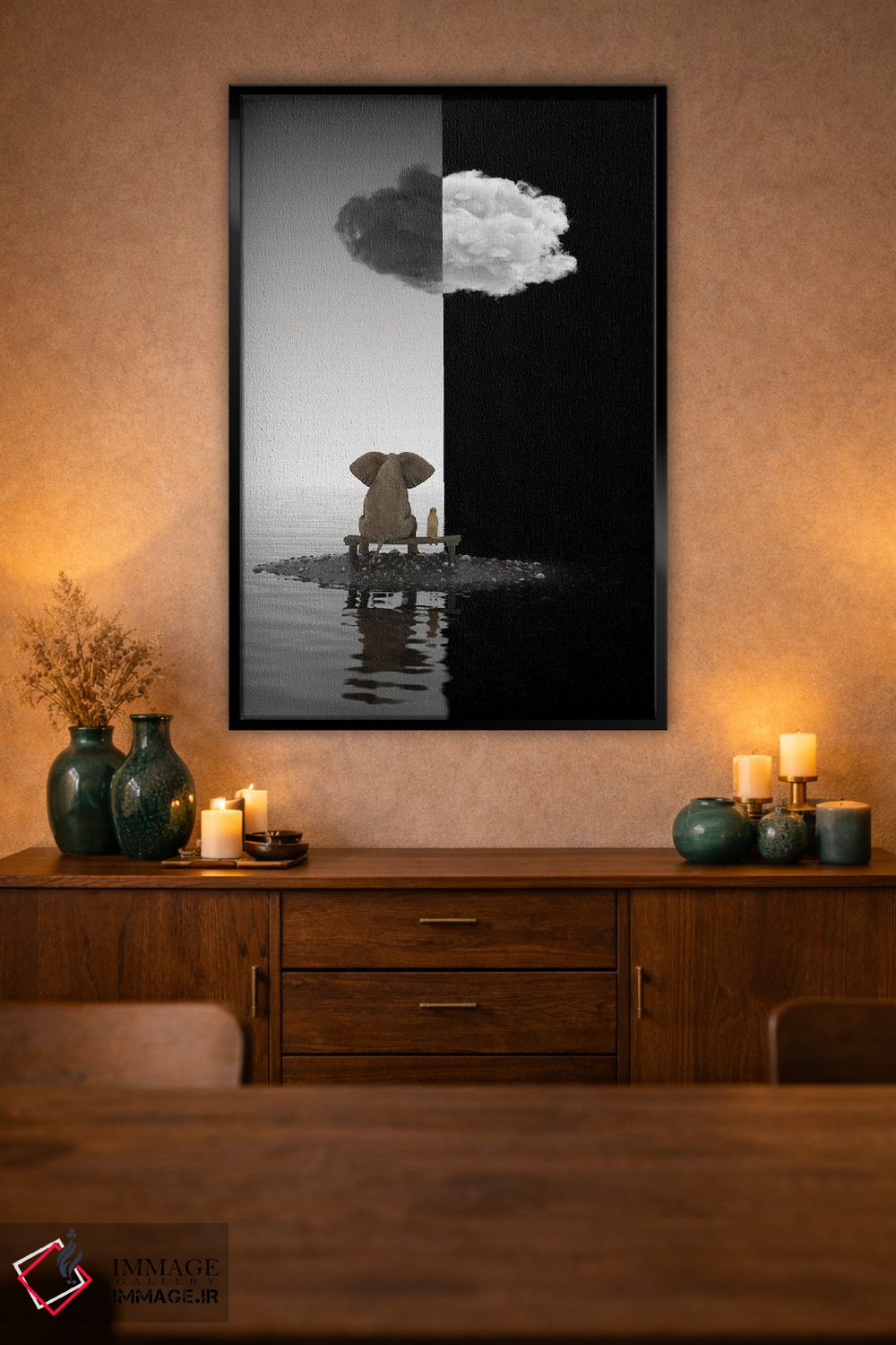 تابلو دکوراتیو فیل و سگ روی جزیره نشسته اند اثر مایک کیف - D2B