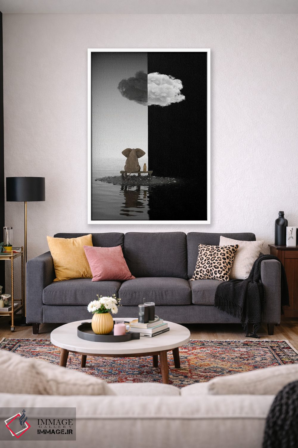 تابلو دکوراتیو فیل و سگ روی جزیره نشسته اند اثر مایک کیف - D1W