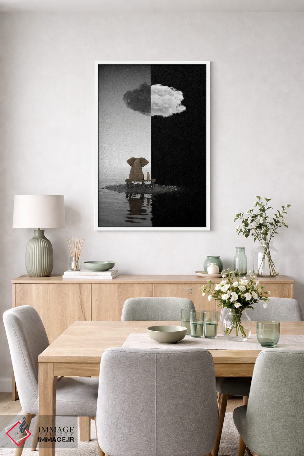 تابلو دکوراتیو فیل و سگ روی جزیره نشسته اند اثر مایک کیف - D4W