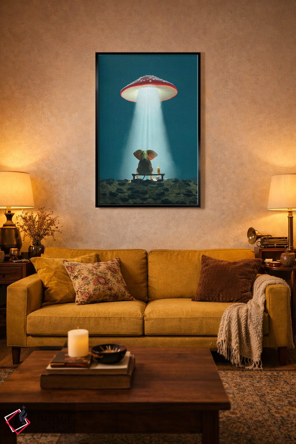 تابلو دکوراتیو فیل و سگ به قارچ پرنده نگاه می کنند اثر مایک کیف - D6B